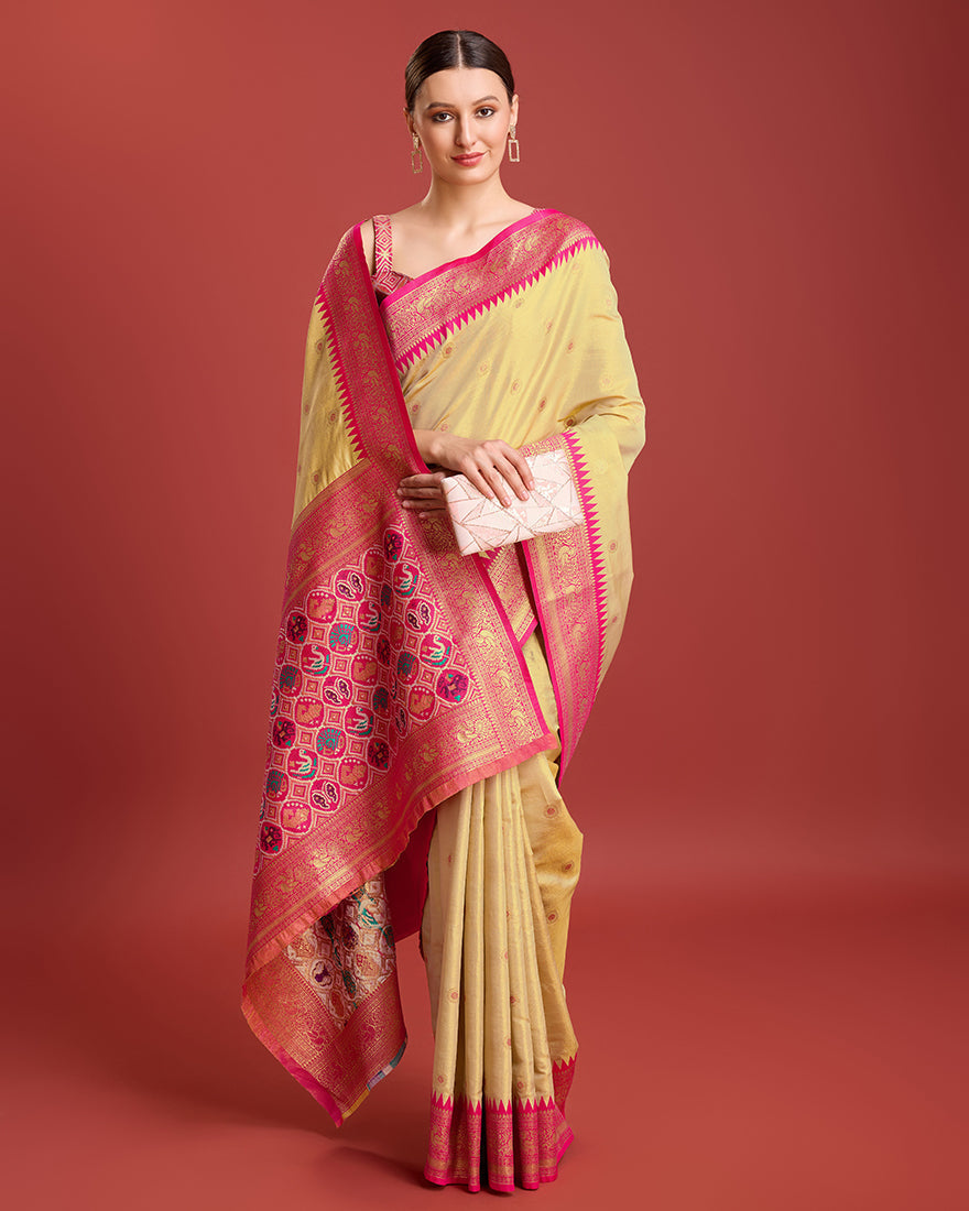 Monjolika Fashion Exquisite Designs With This Regal Beige Patola Pallu Banarasi Tissue Silk Saree - Distacart