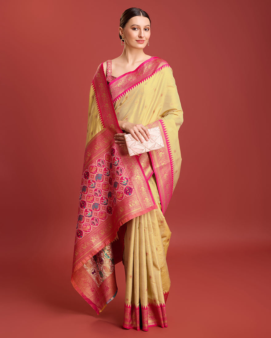 Monjolika Fashion Exquisite Designs With This Regal Beige Patola Pallu Banarasi Tissue Silk Saree - Distacart