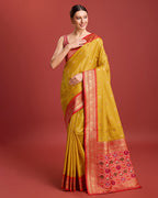 Monjolika Fashion Exquisite Designs With This Regal Mustard Color Patola Pallu Banarasi Tissue Silk Saree
