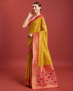 Monjolika Fashion Exquisite Designs With This Regal Mustard Color Patola Pallu Banarasi Tissue Silk Saree