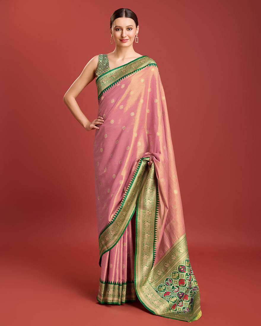 Monjolika Fashion Exquisite Designs With This Regal Rose Pink Patola Pallu Banarasi Tissue Silk Saree - Distacart