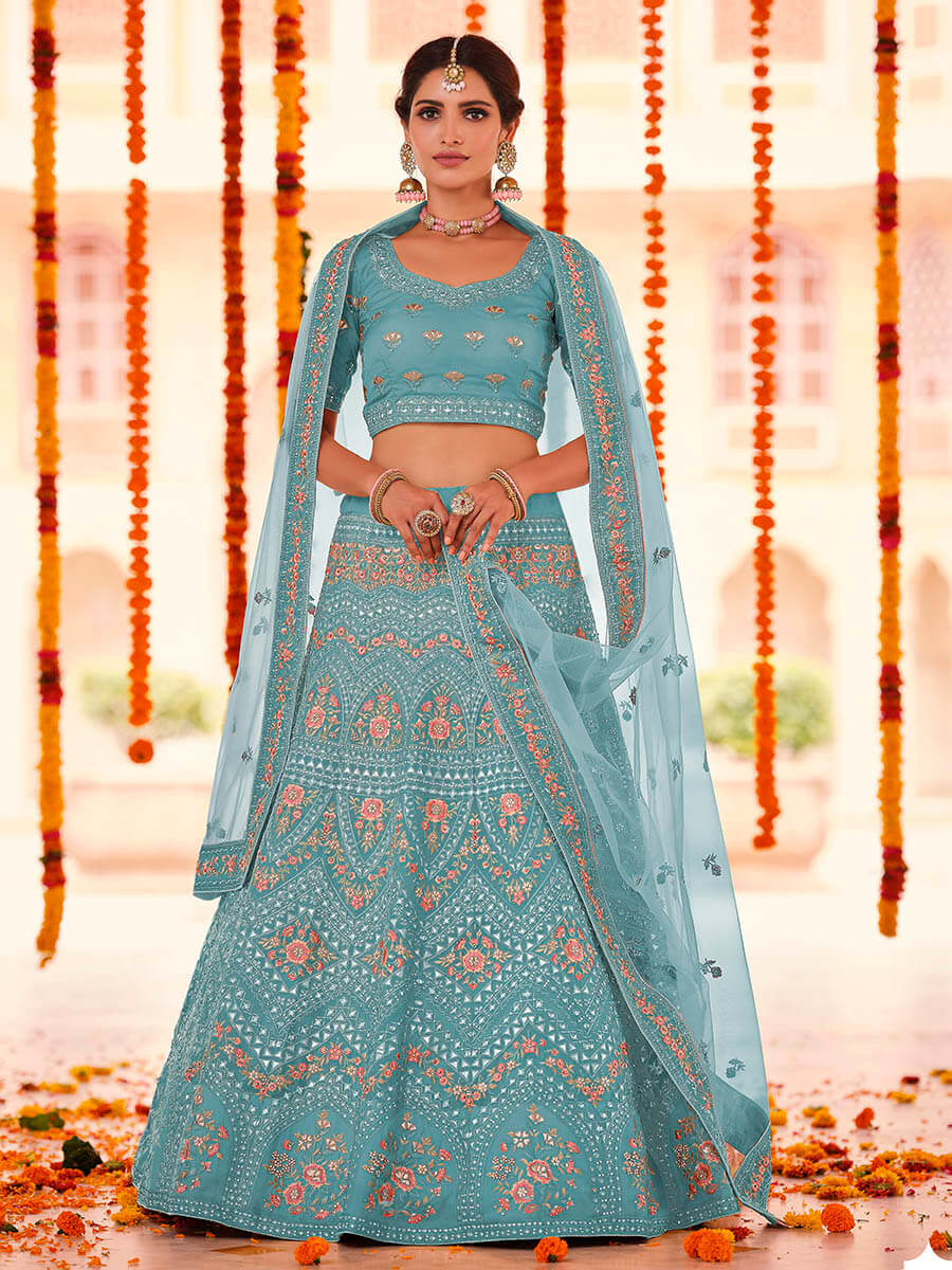 Myra Turquoise Organza Embroidered Designer Lehenga