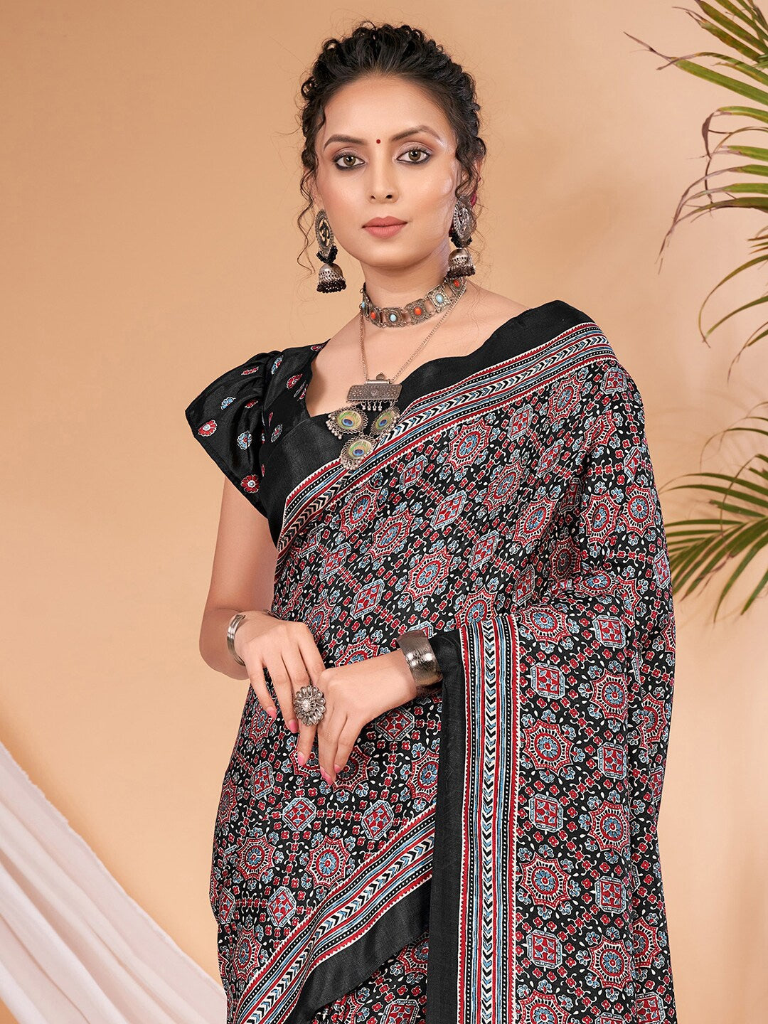 Saree Mall Ajrakh Silk Blend Block Print Sarees