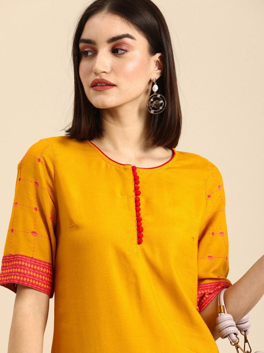 All About You Women Mustard Yellow & Pink Round Neck Regular Kurta with Palazzos