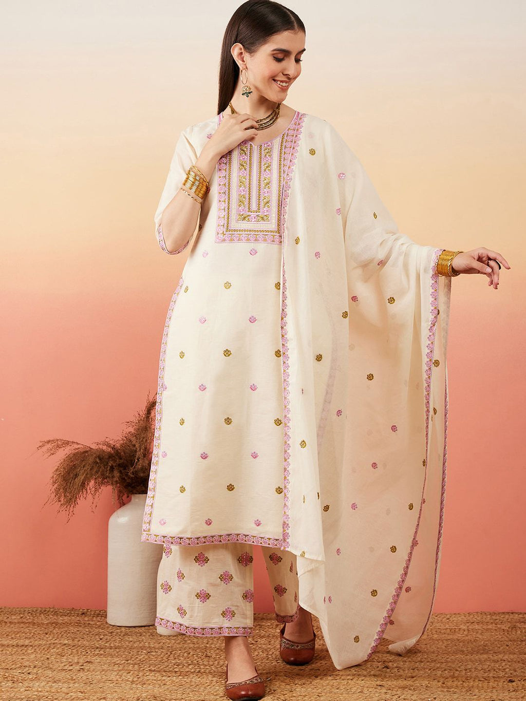 Sangria Floral Embroidered Pure Cotton Straight Kurta With Palazzo & Dupatta