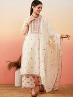 Sangria Floral Embroidered Pure Cotton Straight Kurta With Palazzo & Dupatta