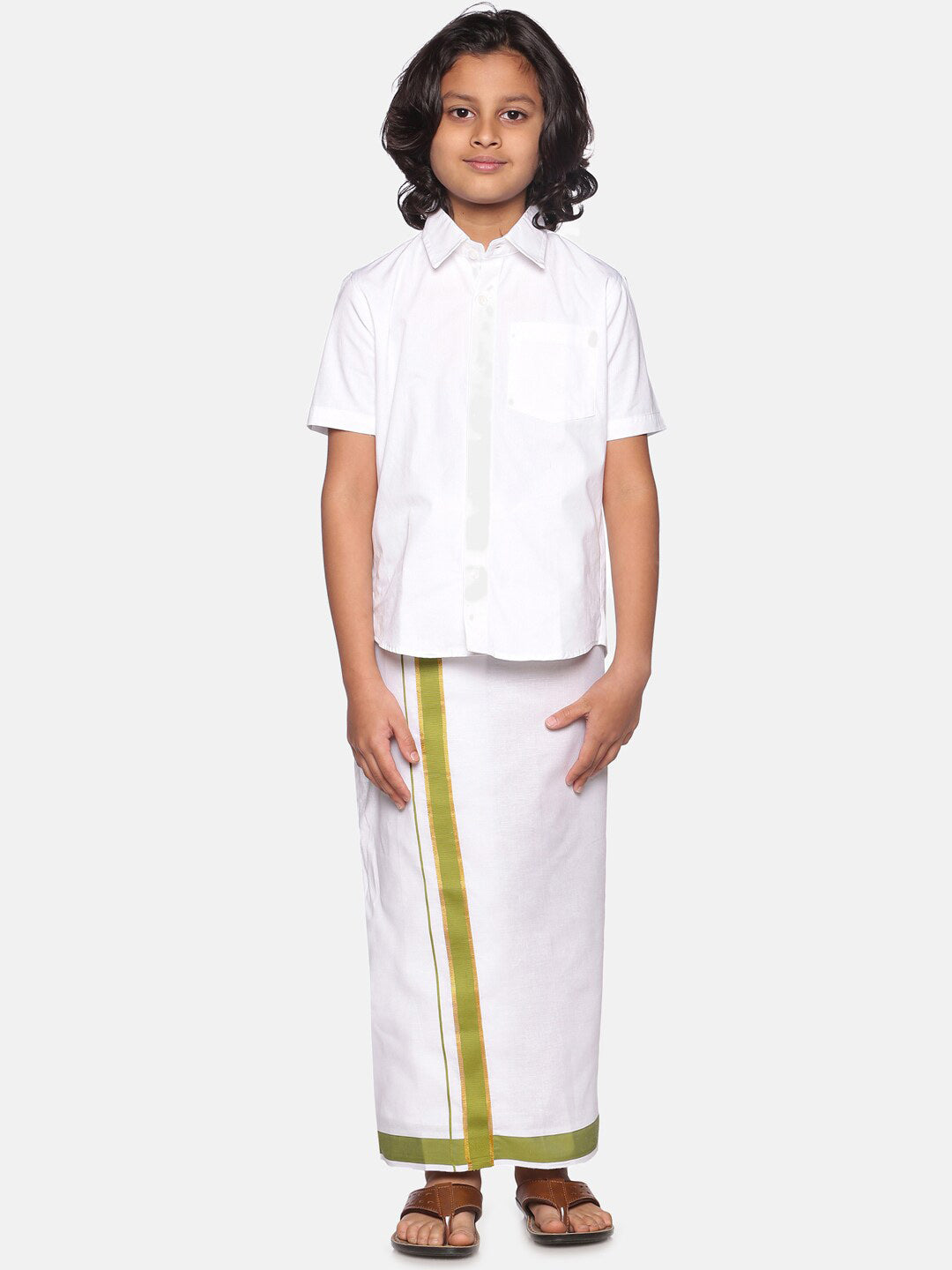 Sethukrishna Boys White & Green Cotton Shirt With Readymade Dhoti