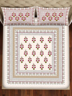 BELLA CASA Pink & Green Ethnic Motifs 350 TC Super King Bedsheet with 2 Pillow Covers