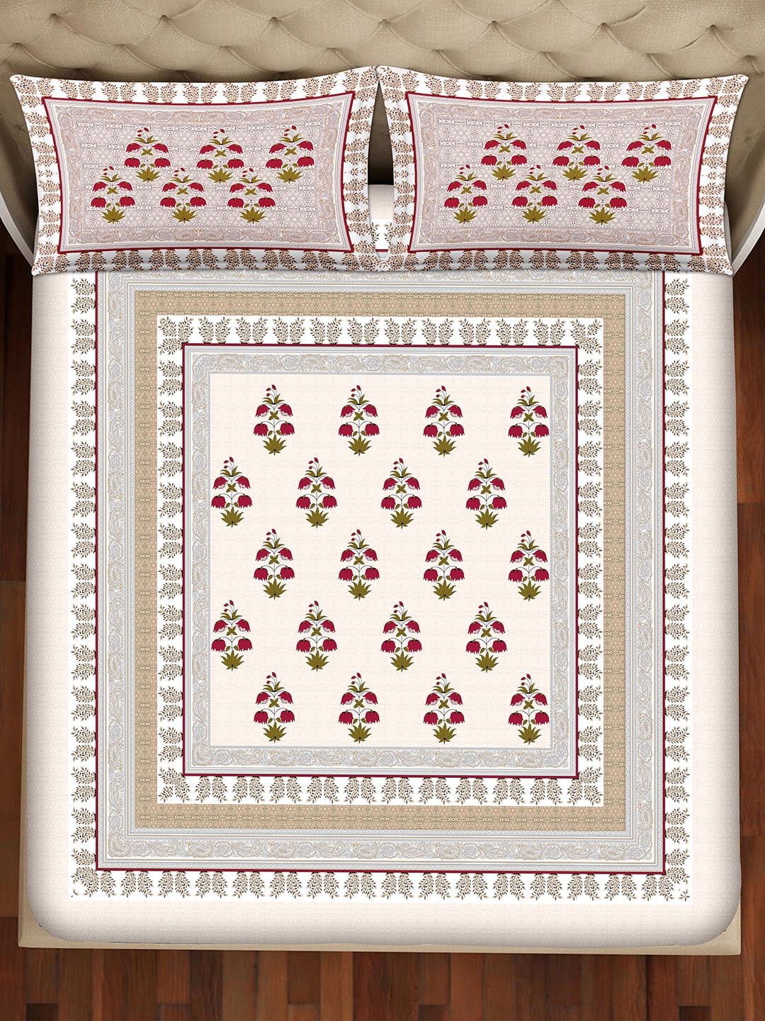 BELLA CASA Pink & Green Ethnic Motifs 350 TC Super King Bedsheet with 2 Pillow Covers