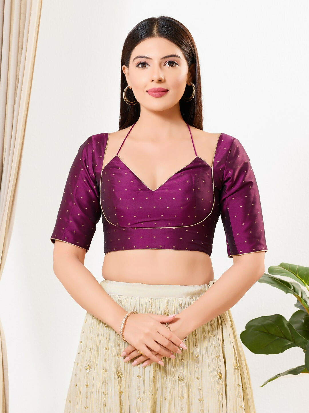 Joban Fashion Purple Brocade Padded Blouse With Sweetheart Neck Elbow Sleeves - Distacart