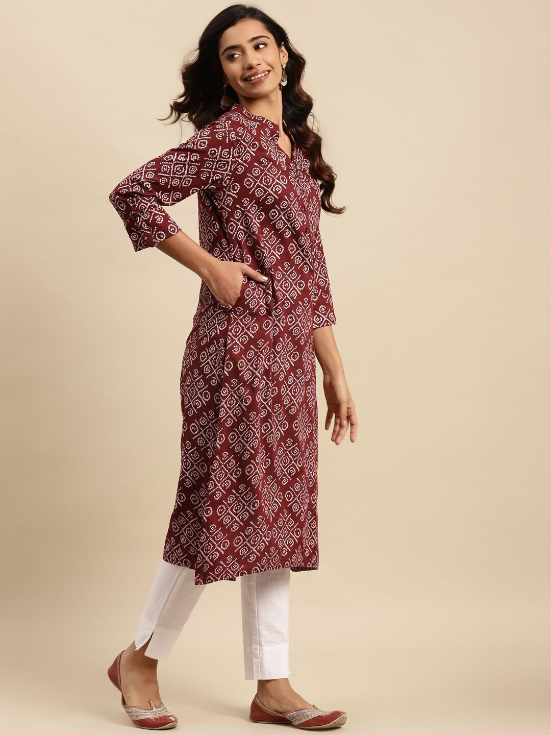 Sangria Maroon Bandhani Printed Pure Cotton Straight Kurta