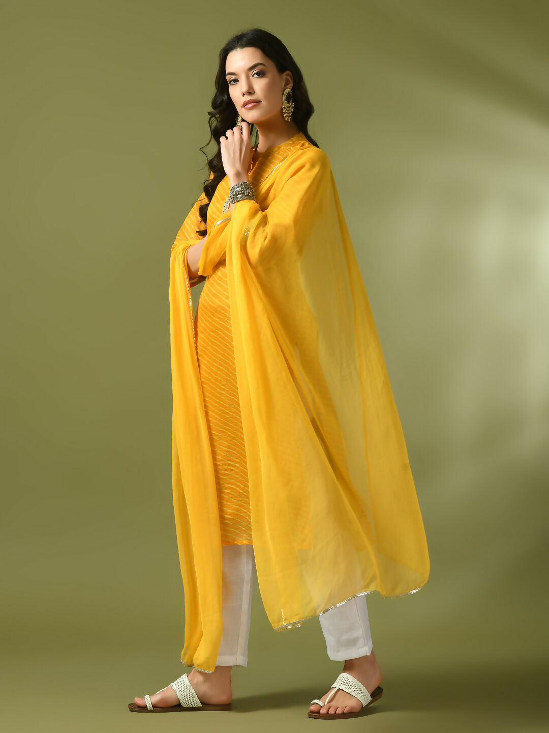 Myshka Women's Yellow Printed Kota Straight Party Kurta Set With Dupatta