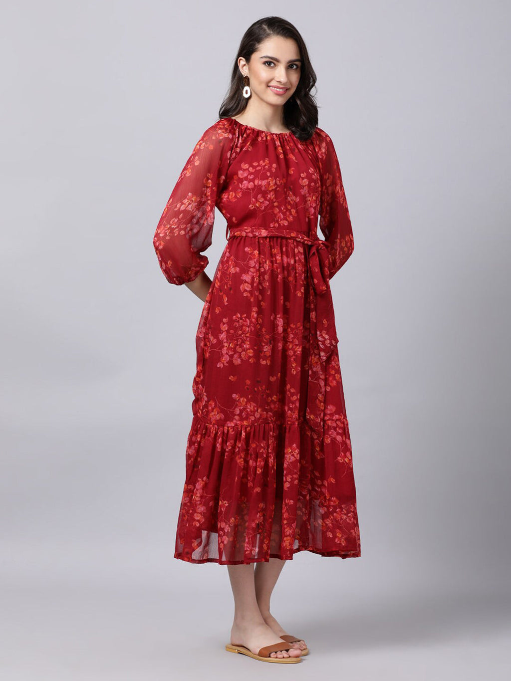 Souchii Maroon Floral Layered Chiffon A-Line Midi Dress - Distacart
