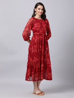 Souchii Maroon Floral Layered Chiffon A-Line Midi Dress - Distacart