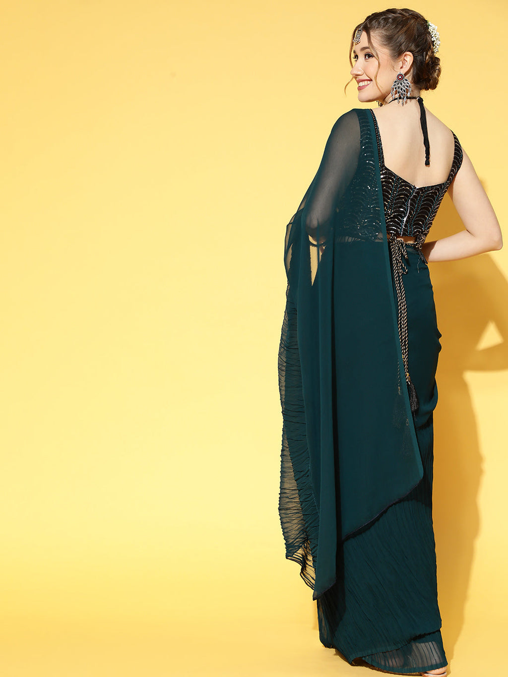 Saree Mall Teal Green & Black Solid Poly Georgette Party Saree with Matching Blouse - Distacart