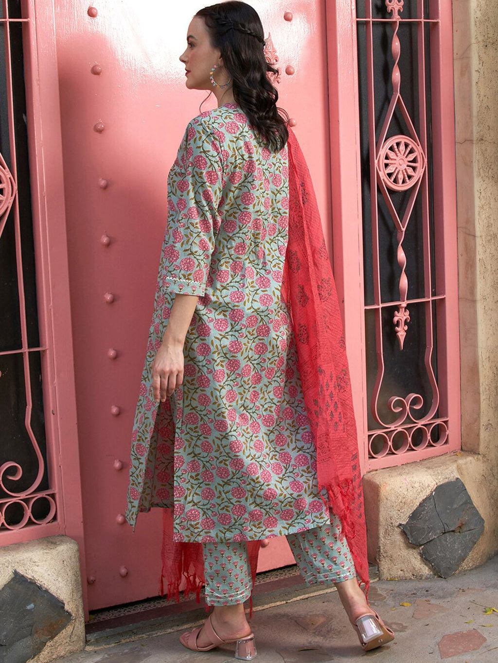Sangria Sea Green Floral Printed Pure Cotton Kurta with Palazzos & Dupatta