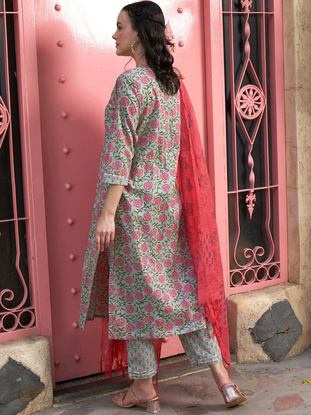 Sangria Sea Green Floral Printed Pure Cotton Kurta with Palazzos & Dupatta