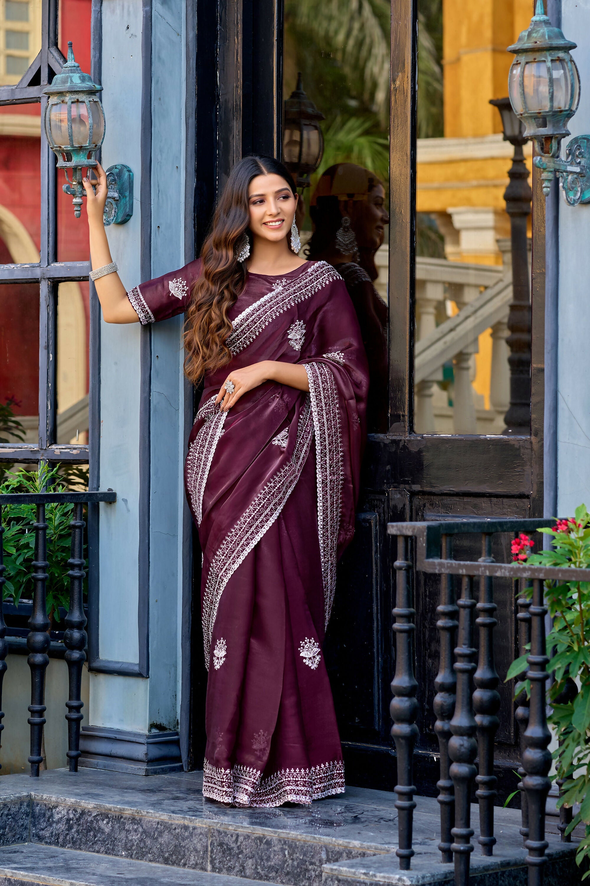 Vastranavya Wine Embroidery Work Shimmer Chiffon Saree with Unstitched Blouse - Distacart