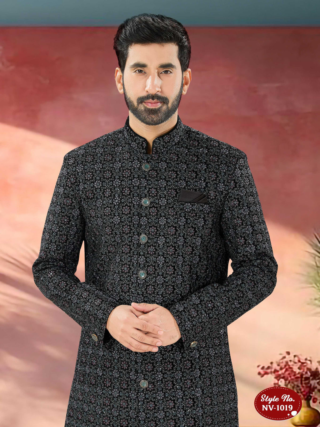 Joban Fashion Men's Blue Base Straight Velvet Thread And Sequence Embroidary All Over Indo-Western Kurta Set