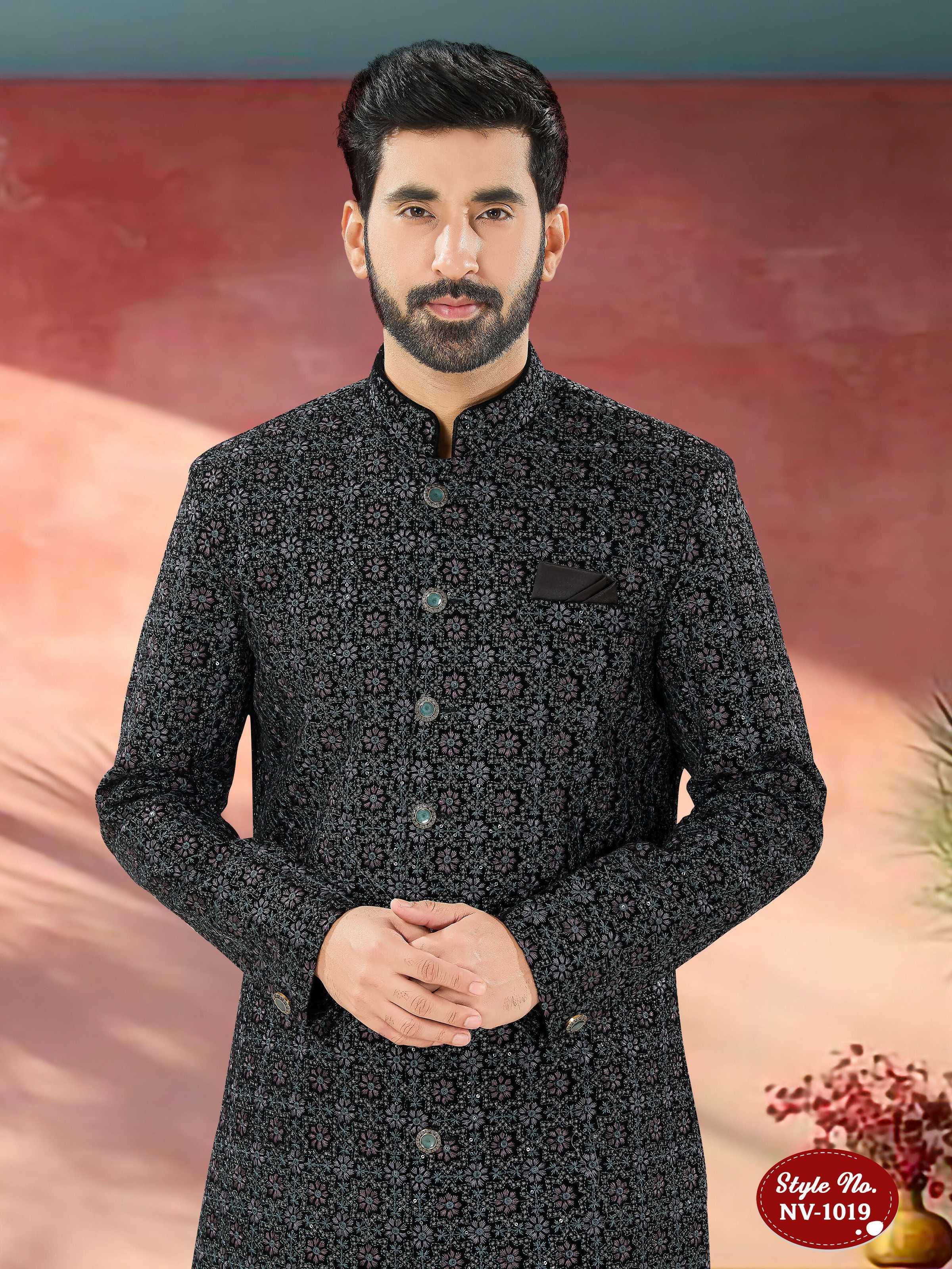 Joban Fashion Men's Blue Base Straight Velvet Thread And Sequence Embroidary All Over Indo-Western Kurta Set