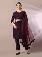 Myshka Women's Magenta Embroidered Cotton Straight Party Kurta Set With Dupatta