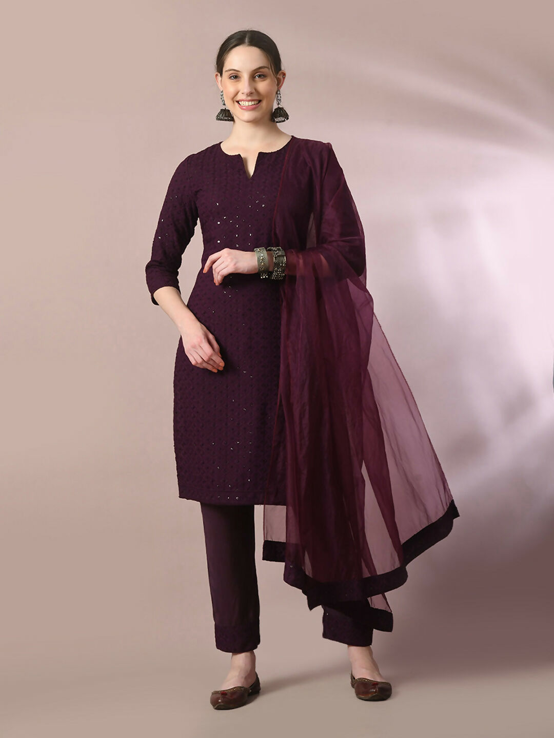 Myshka Women's Magenta Embroidered Cotton Straight Party Kurta Set With Dupatta