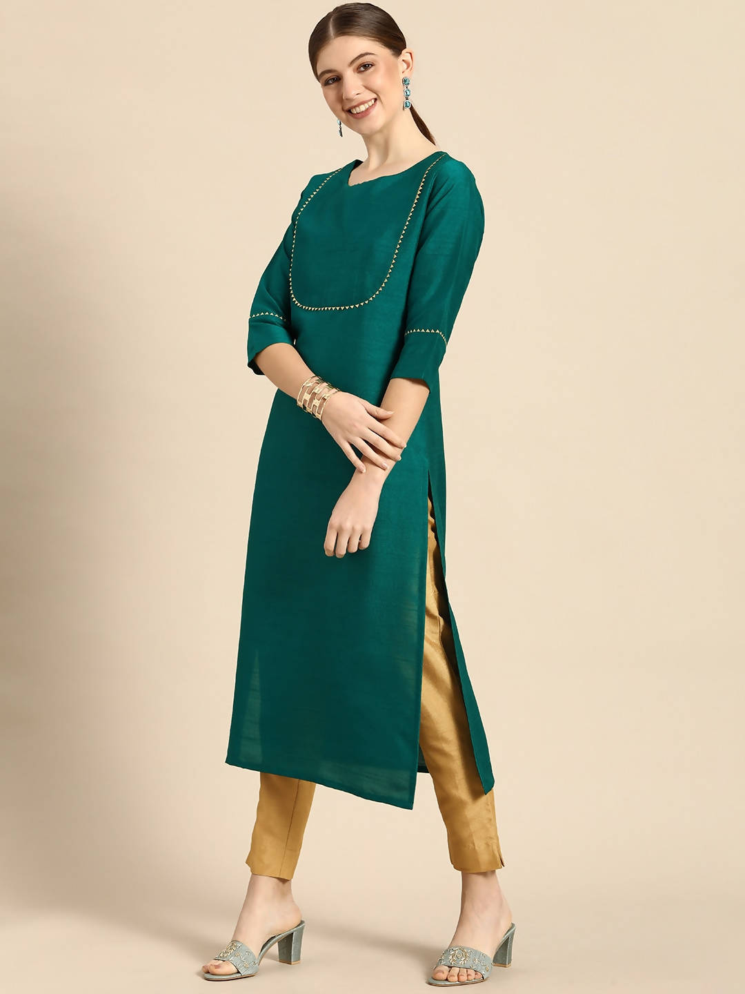 Janasya Green Regular Kurta with Trousers - Distacart