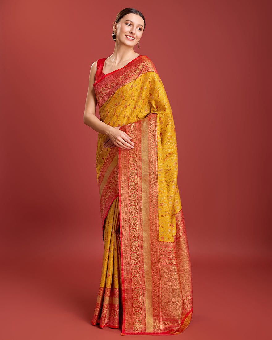 Monjolika Fashion Glamour And Tradition With This Mustard Color Zari Woven Banarasi Tissue Silk Saree