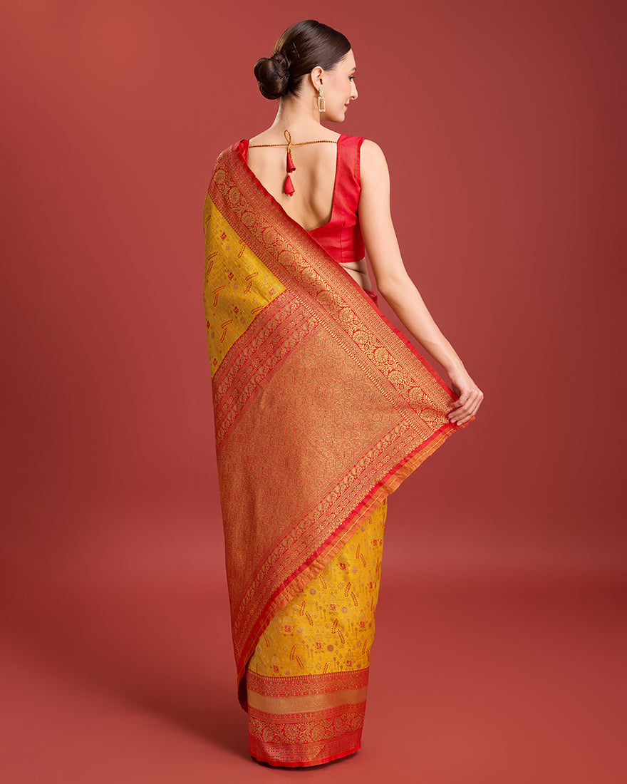 Monjolika Fashion Glamour And Tradition With This Mustard Color Zari Woven Banarasi Tissue Silk Saree