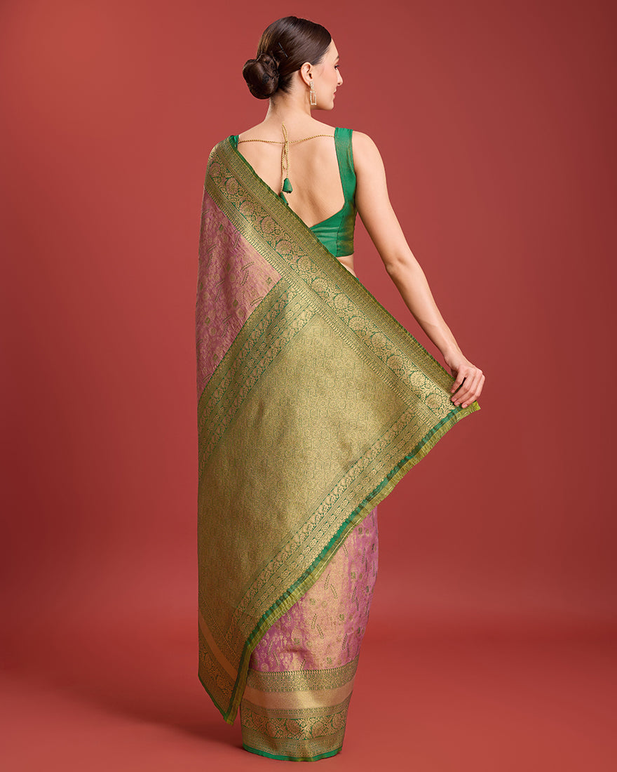 Monjolika Fashion Glamour And Tradition With This Rose Pink Color Zari Woven Banarasi Tissue Silk Saree