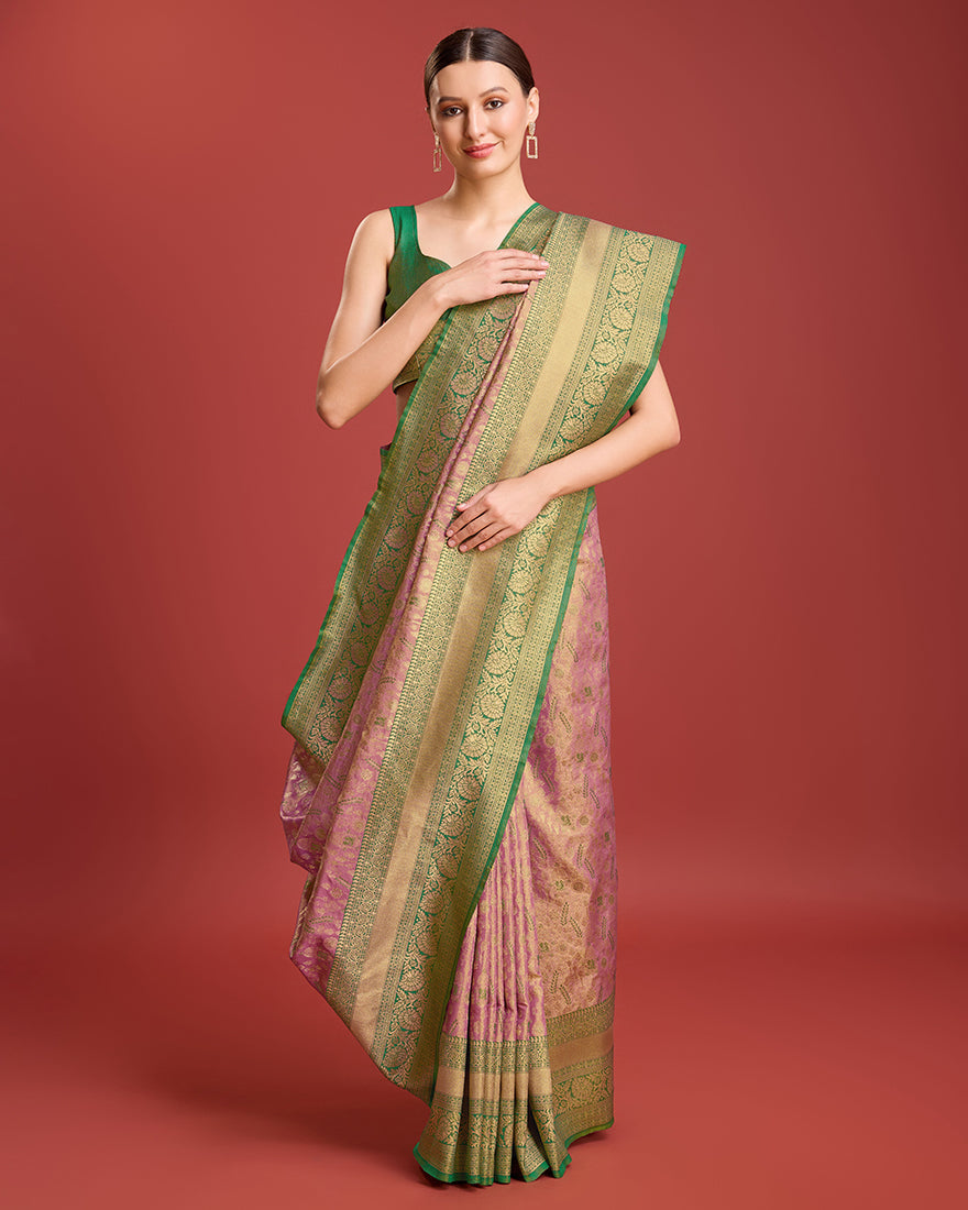 Monjolika Fashion Glamour And Tradition With This Rose Pink Color Zari Woven Banarasi Tissue Silk Saree