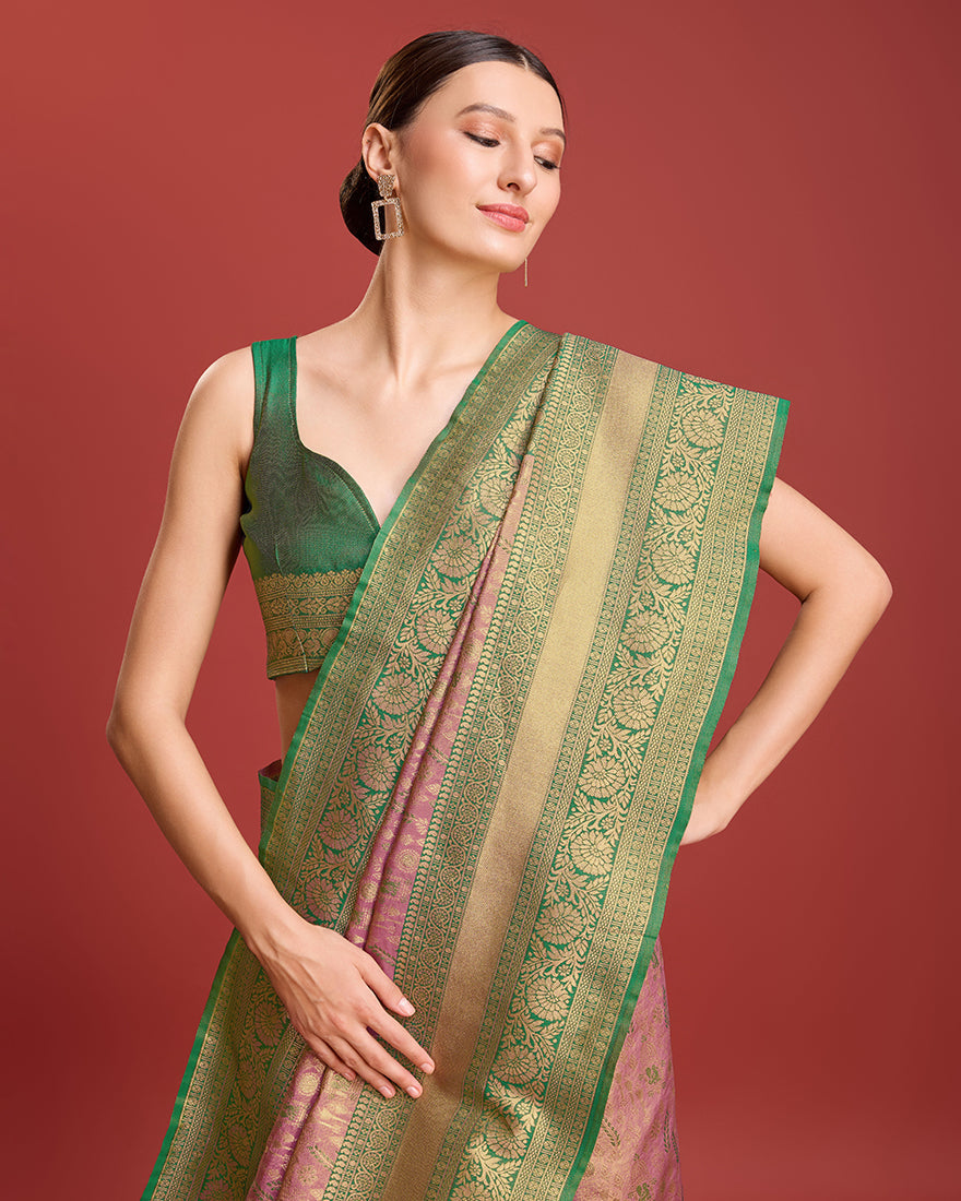 Monjolika Fashion Glamour And Tradition With This Rose Pink Color Zari Woven Banarasi Tissue Silk Saree