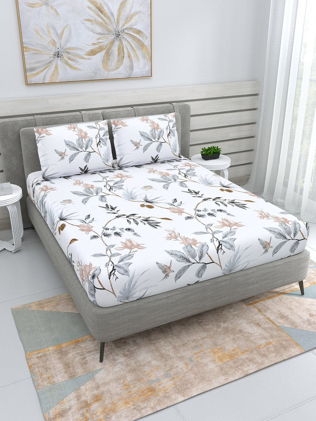 DREAM WEAVERZ White & Grey Floral 220 TC Cotton 1 Double Bedsheet with 2 Pillow Covers