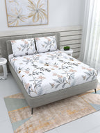 DREAM WEAVERZ White & Grey Floral 220 TC Cotton 1 Double Bedsheet with 2 Pillow Covers