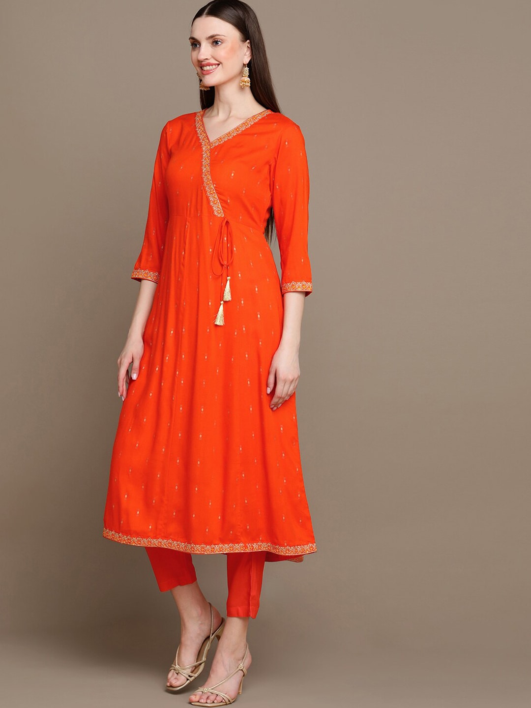 HERE&NOW Ethnic Motifs Printed Thread Work Angrakha Kurta with Palazzos & Dupatta