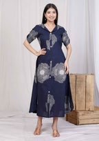Miravan Women's Blue Floral Printed Front Buttoned A-Line Maxi Dress