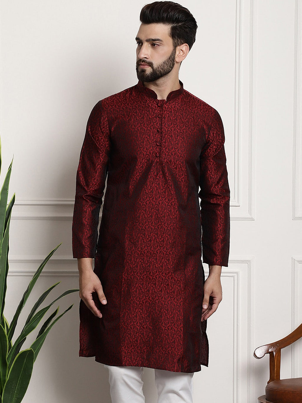 Sojanya Men Maroon Printed Straight Kurta