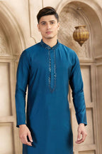 Raivat Ethnic Banarasi Art Silk Mirror Work Kurta Pajama In Blue Colour