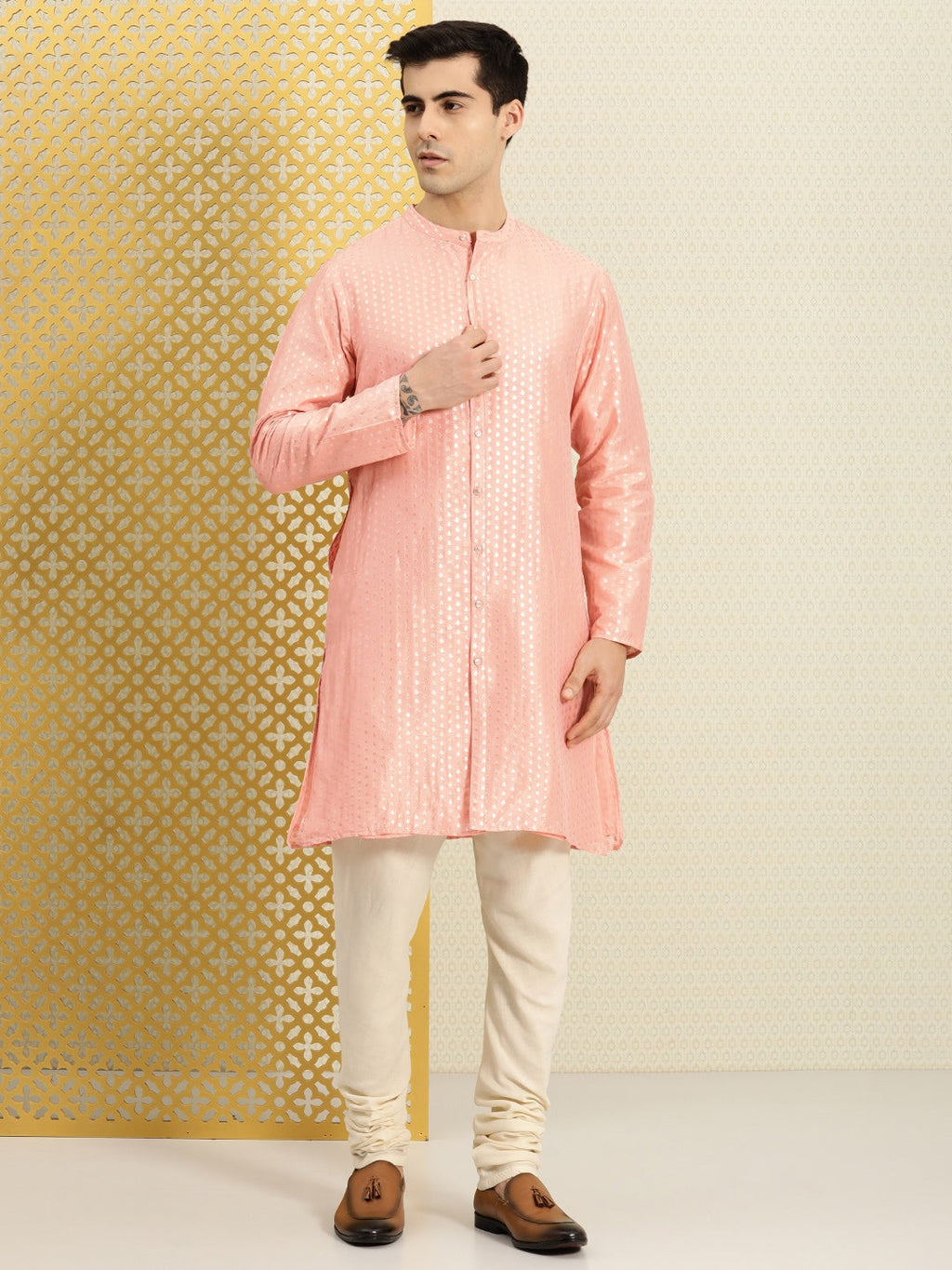 House of Pataudi Men Peach-Coloured Ethnic Motifs Printed Kurta