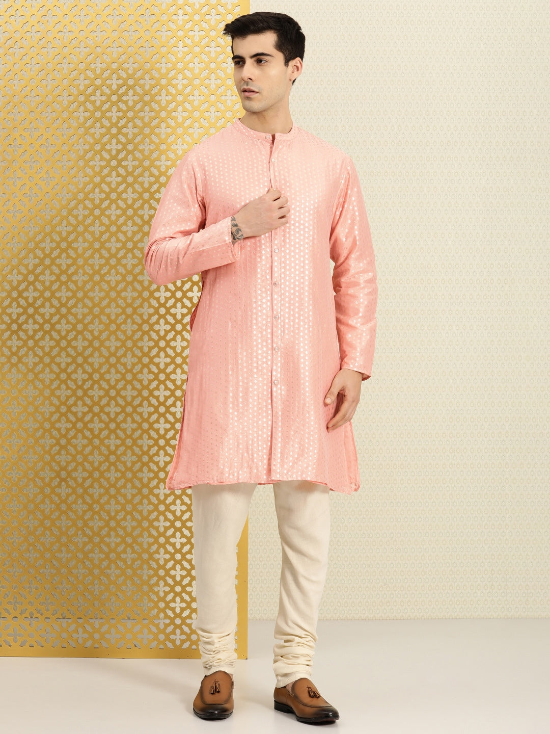 House of Pataudi Men Peach-Coloured Ethnic Motifs Printed Kurta