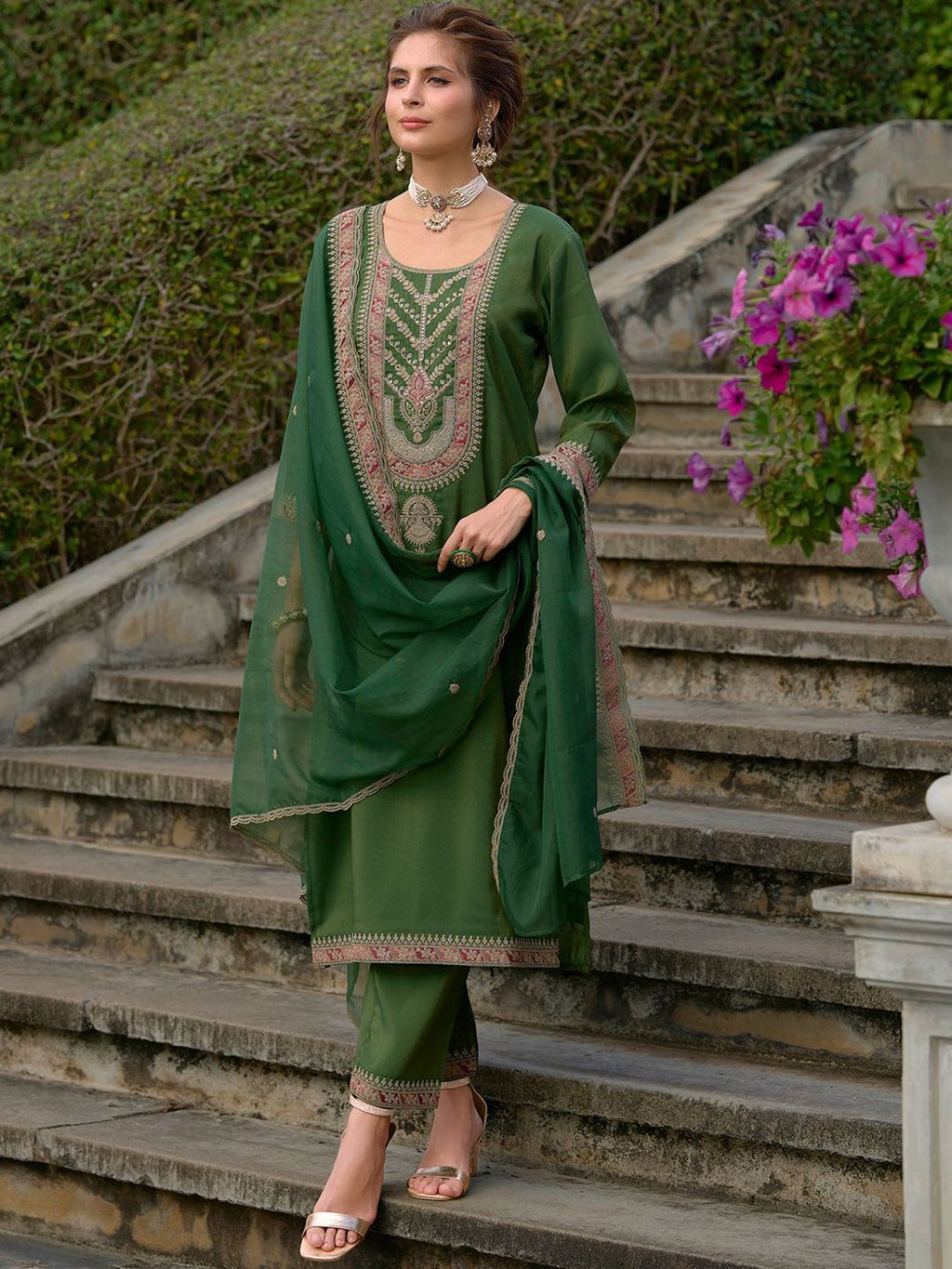 Indo Era Ethnic Motifs Yoke Design Straight Kurta with Trousers & Dupatta - Distacart