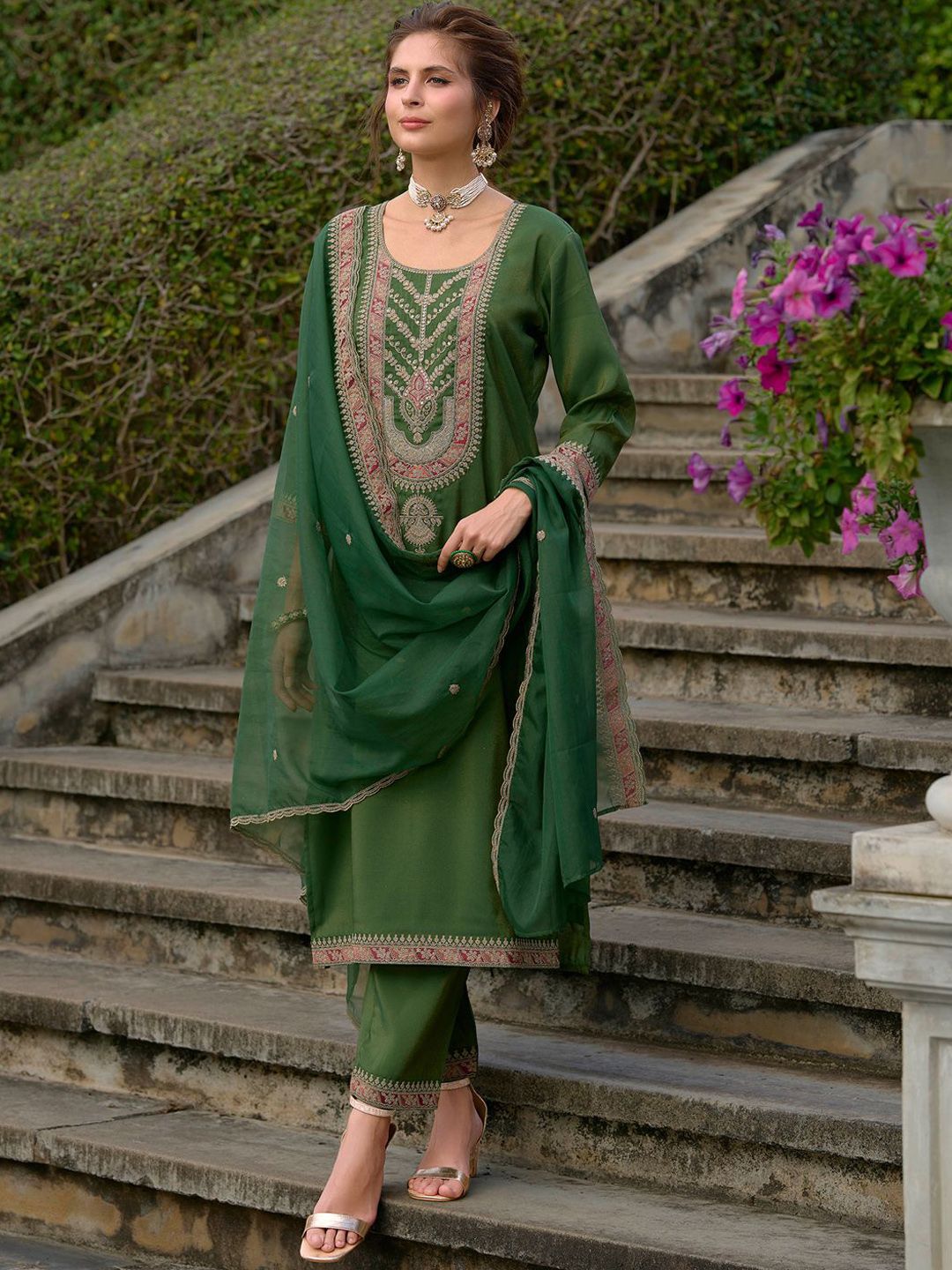 Indo Era Ethnic Motifs Yoke Design Straight Kurta with Trousers & Dupatta - Distacart