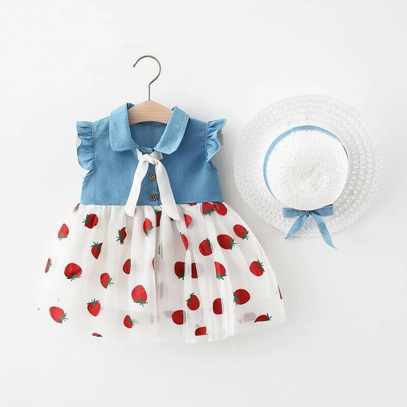 Bold N Elegant Cap Sleeve Denim Embroidered Midi Party Dress Frock with Hat Dress - Strawberry White