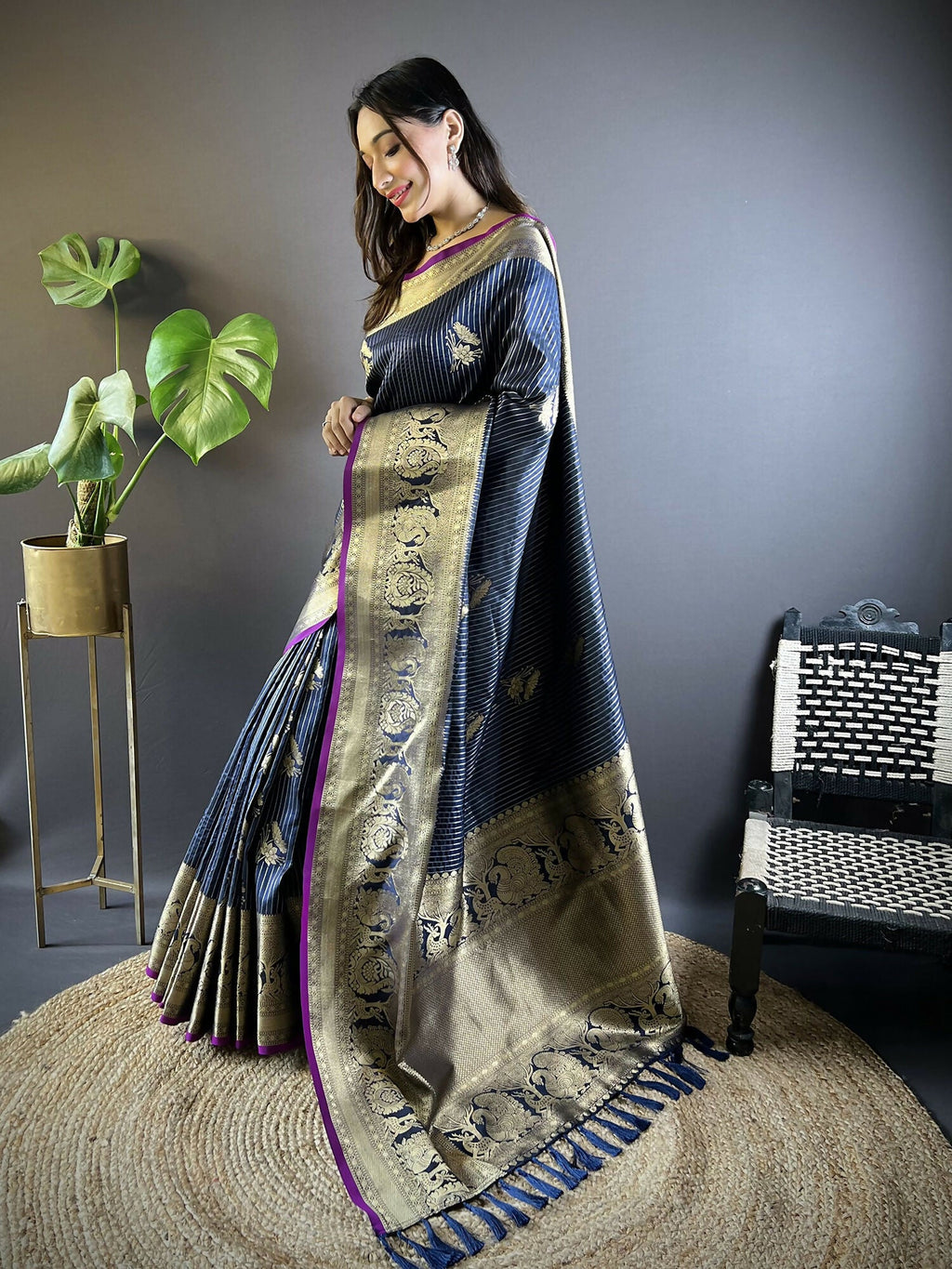Joban Fashion Navy Blue Striped With Floral Motifs Soft Silk Leheriya Saree