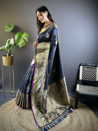 Joban Fashion Navy Blue Striped With Floral Motifs Soft Silk Leheriya Saree