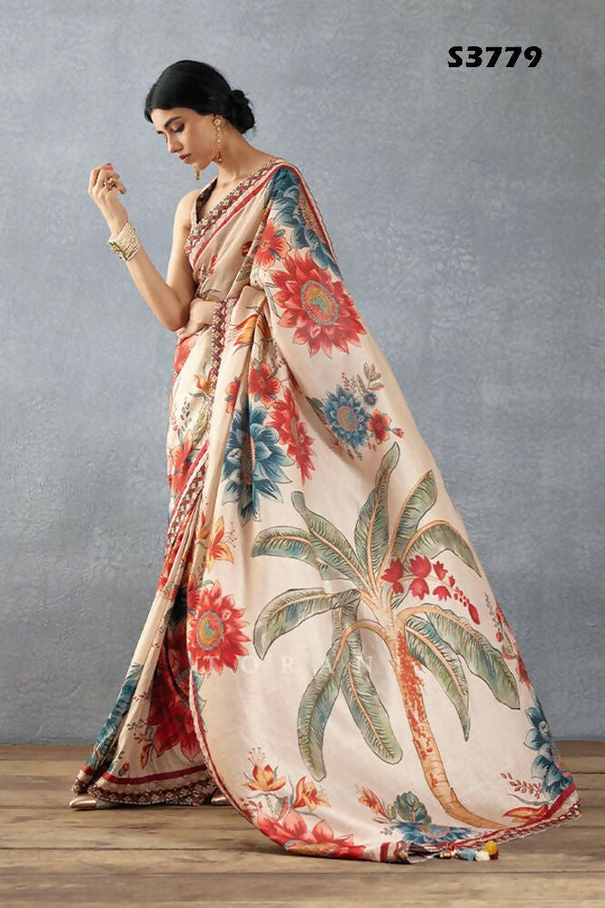 Beige Bright Moss Designer Digital Printed Party Wear Saree - Be Verly