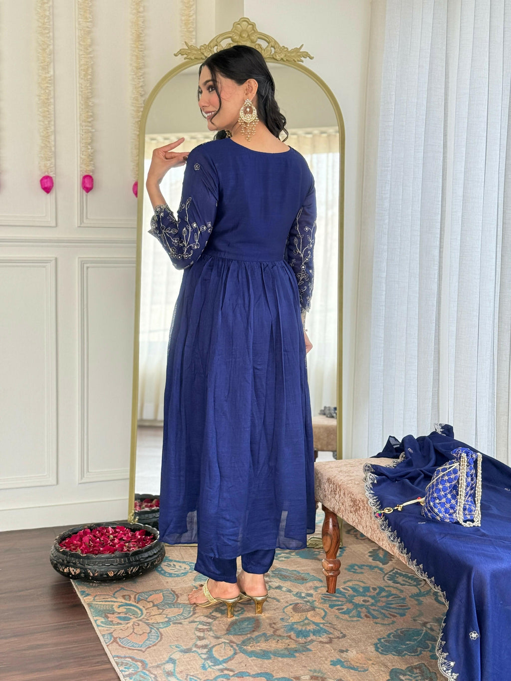 The52 Blue Women's Beautiful Embroidered Vichitra Silk Fabric with Flared Kurta, Pant and Dupatta Set - Distacart