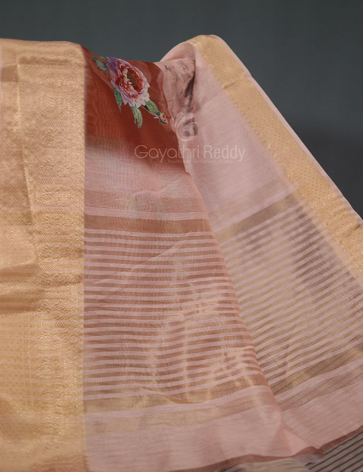 Light Rust Colour Floral Printed Semi Chanderi Saree By Gayathri Reddy Designer Studio