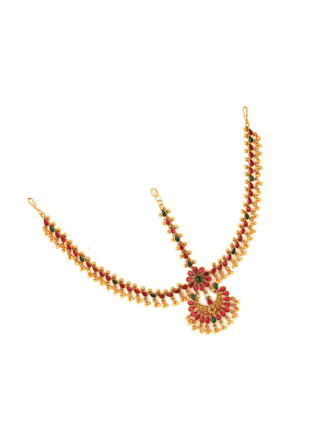 Yellow Chimes Gold-Toned Green Kundan Layered Temple Bridal Traditional Matha Patti - Distacart
