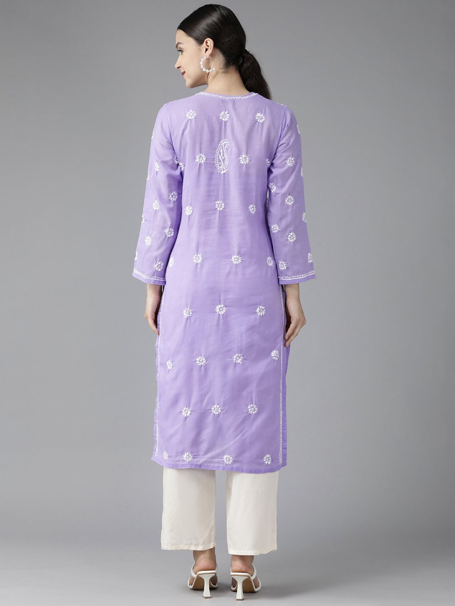 ADA Women Mauve & White Ethnic Motifs Embroidered Chikankari Kurta
